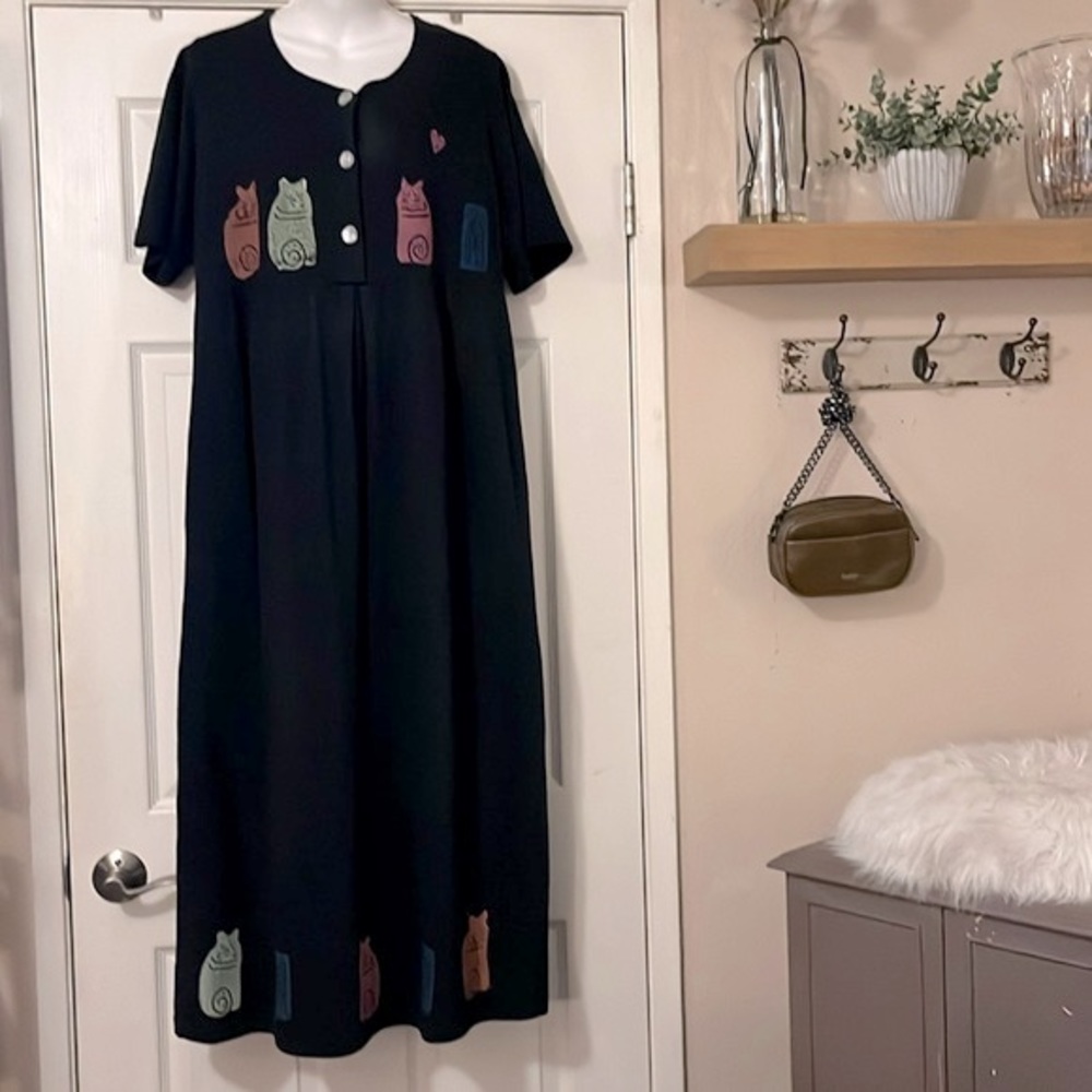 Vintage Black Cotton Cat Scoop Neck Midi Dress by Blue Cactus Sz M